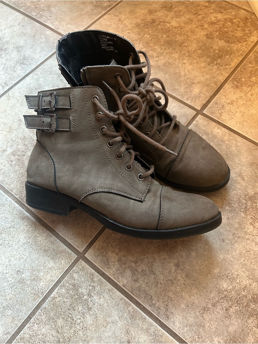 Women's Taupe Lace-Up Ankle Boots with Buckle Detail
